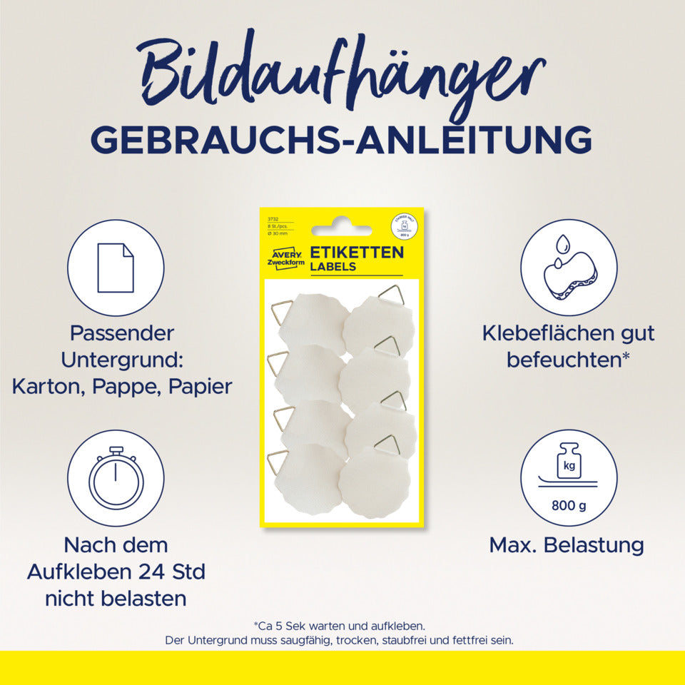 Bildaufhänger, Ø 30mm, Leinen, 8 Stück, weiß AVERY ZWECKFORM 3732 ZWECKFORM 3732 selbstklebend 8 St.