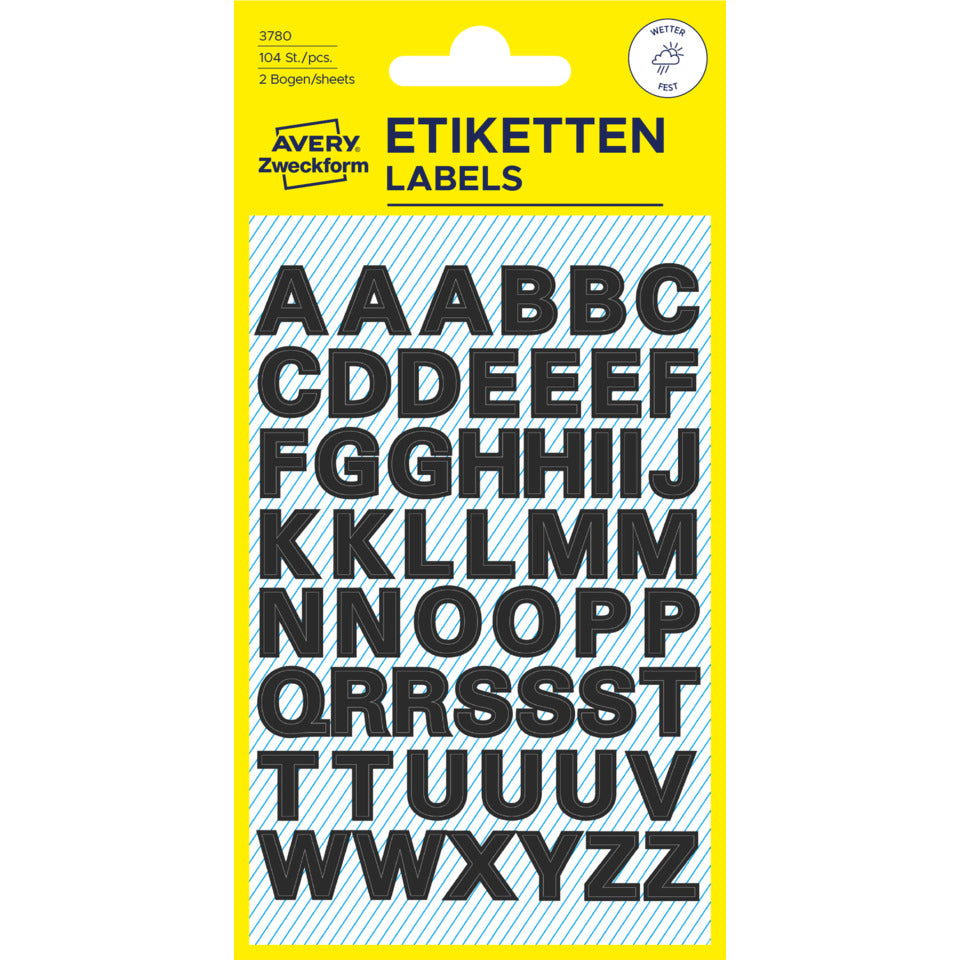 Buchstabenetiketten A-Z, 104 Stück, schwarz AVERY ZWECKFORM 3780 ZWECKFORM 3780  9,5 mm wetterfest
