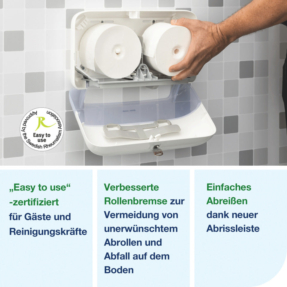 Toilettenpapier-Spender OptiServe® Doppelrollenspender für Hülsenloses Toilettenpapier Weiß T7 TORK 558060 TORK 558060 System T7 QUERFORMAT