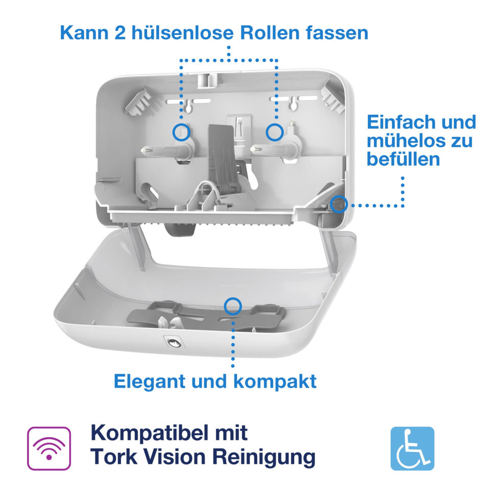 Toilettenpapier-Spender OptiServe® Doppelrollenspender für Hülsenloses Toilettenpapier Weiß T7 TORK 558060 TORK 558060 System T7 QUERFORMAT