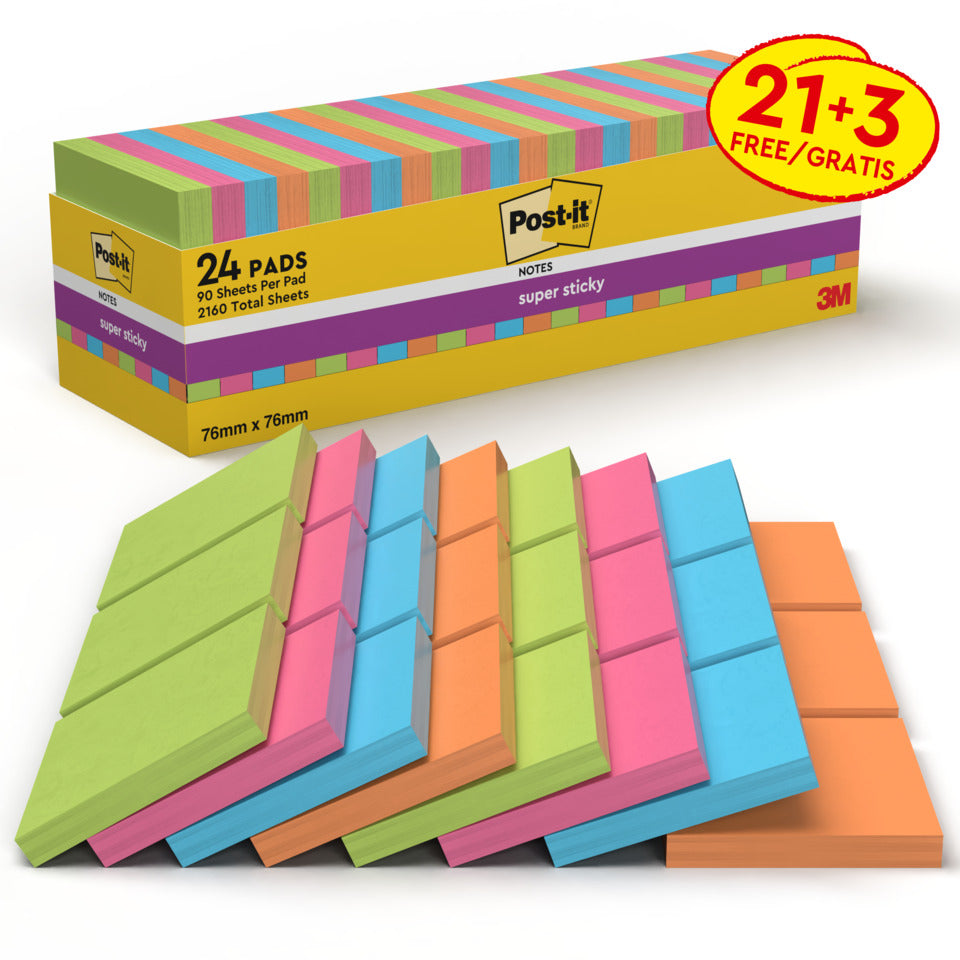 Haftnotizblock Super Sticky, 76x76mm, 24x90 Blatt, sortiert POST-IT 654SE24P POST-IT 654SE24P 24Bk SupSticky
