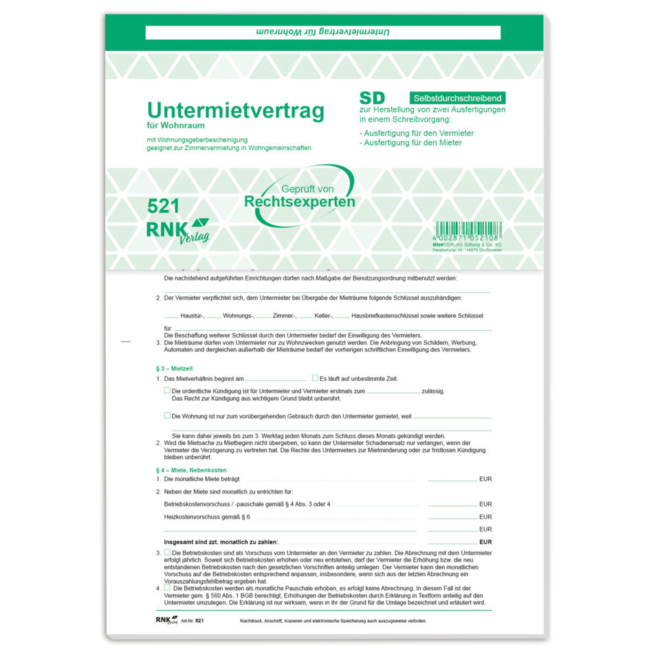 Untermietvertrag für Wohnräume - SD, 2x2 Blatt, A4, 10 Stück RNK 521/10 RNK 521/10 2x2BL 10ST