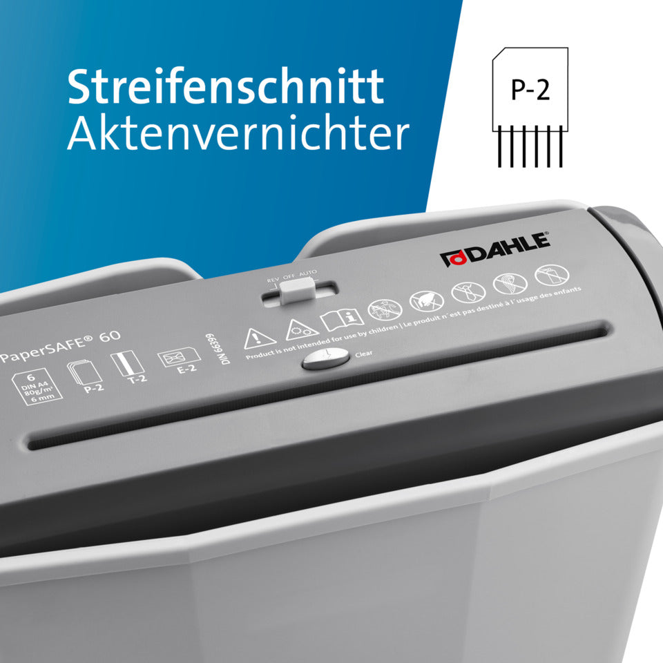 Aktenvernichter PaperSAFE® 60, Streifenschnitt 6mm, P2, 6 Blatt, grau DAHLE 23060-16167