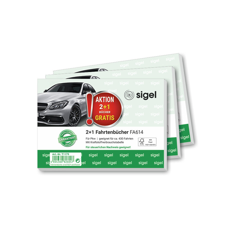Fahrtenbuch PKW, A6, 40 Blatt, 3 Stück SIGEL T1179 SIGEL T1179 2+1 (gratis) Aktion