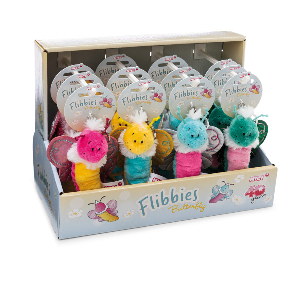 Schlüsselanhänger Flibbies Schmetterling, 10 cm, 4 Designs, 16 Stück NICI 62882 NICI 62882 10cm 4 Des. 16 Stück im Displ