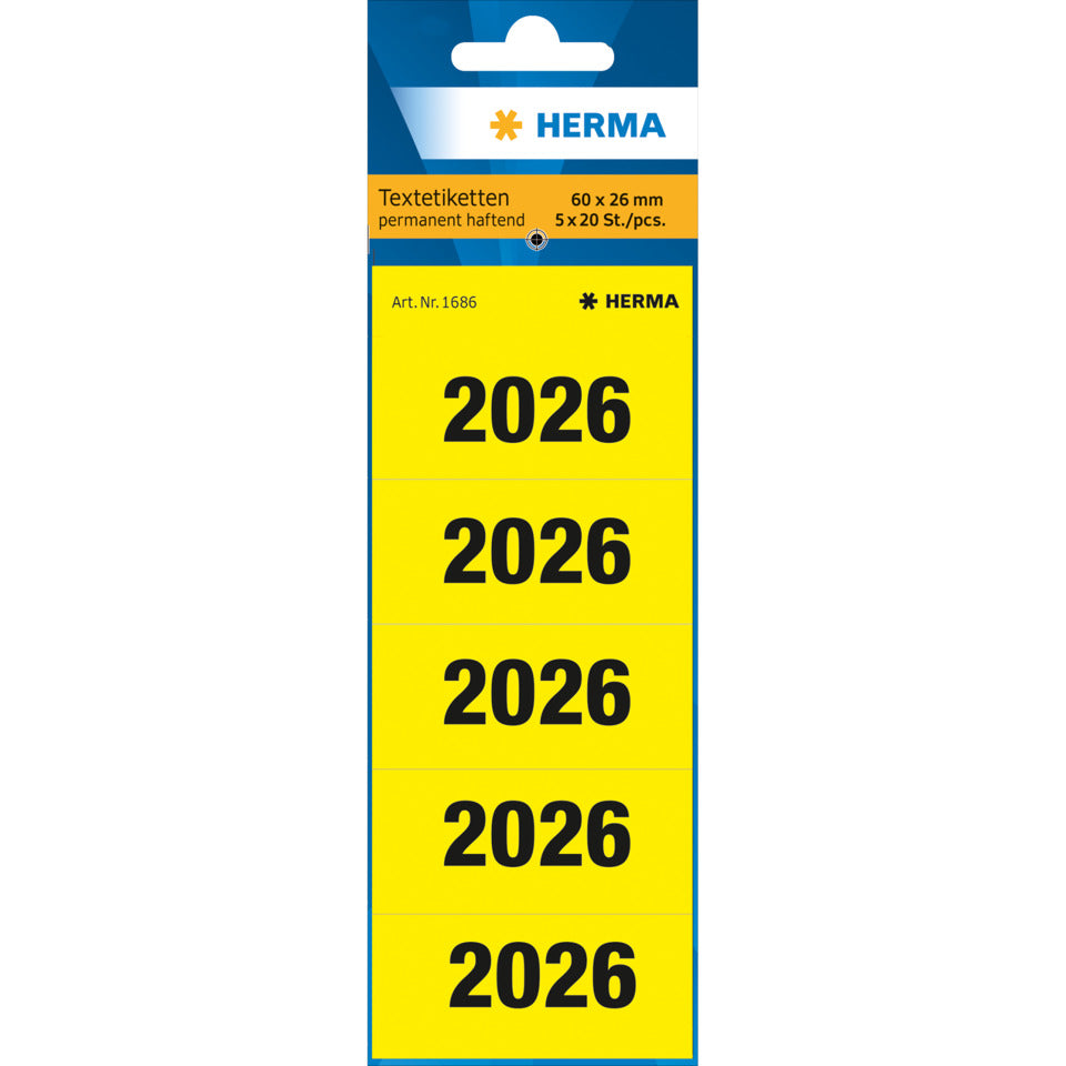 Ordnerrückenschild 2026, 60 x 26 mm, 100 Etiketten, permament, gelb HERMA 1686 HERMA 1686 60x36mm permanent