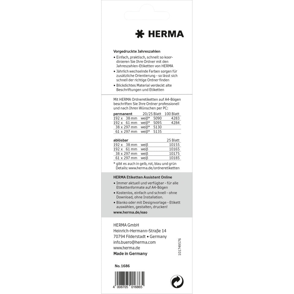 Ordnerrückenschild 2026, 60 x 26 mm, 100 Etiketten, permament, gelb HERMA 1686 HERMA 1686 60x36mm permanent