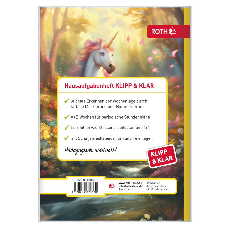 Hausaufgabenheft Klipp & Klar Einhorntraum, A5, 56 Blatt ROTH 89538 ROTH 89538 m. Tagesfarben + Kalendarium