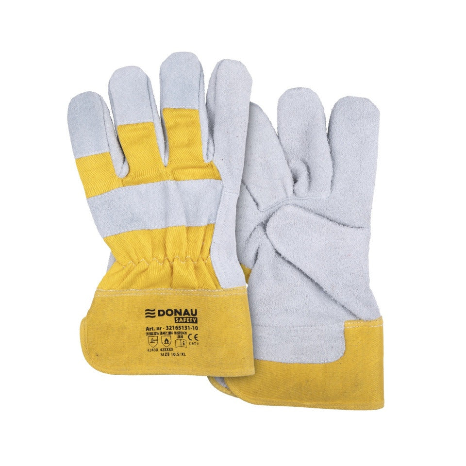Arbeitshandschuh, Größe 10,5 = XL, Rindsspaltleder, grau/gelb DONAU 32165131-10 DONAU 32165131-10 Rindsspaltleder