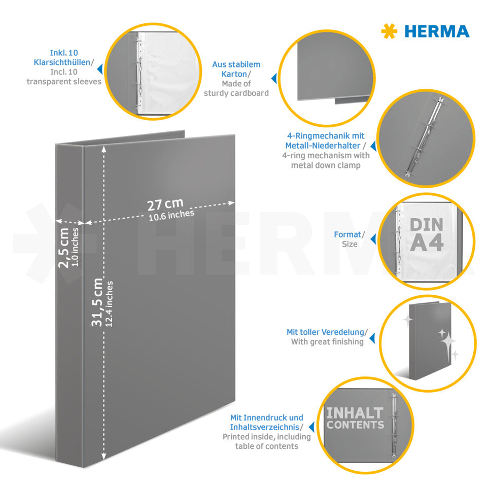 Zeugnis-Ringbuch, A4, 4-Ringe, 10 Hüllen, blau HERMA 20158 HERMA 20158  incl. 10 Hüllen, A4/4R.