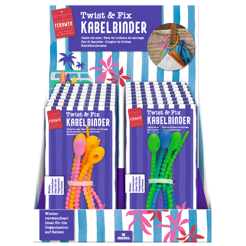 Fernweh Twist & Fix Kabelbinder, 21 cm, Silikon, 4 Stück, sortiert MOSES 82390