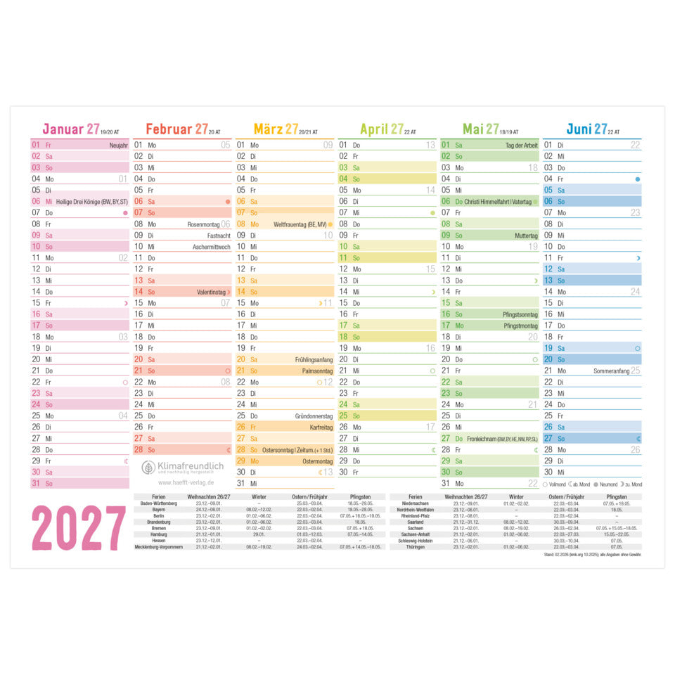 Tischkalender Rainbow 2027, A5 quer, 400g/m², 6M/1S HÄFFT 11357-0