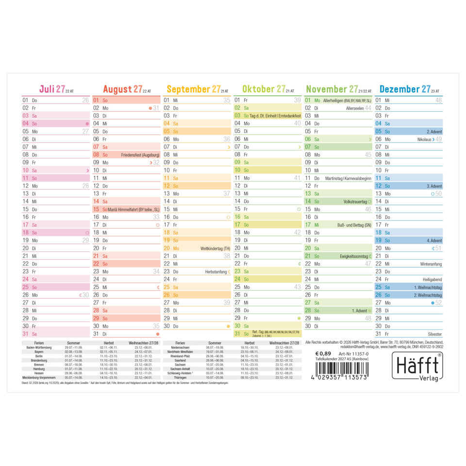 Tischkalender Rainbow 2027, A5 quer, 400g/m², 6M/1S HÄFFT 11357-0