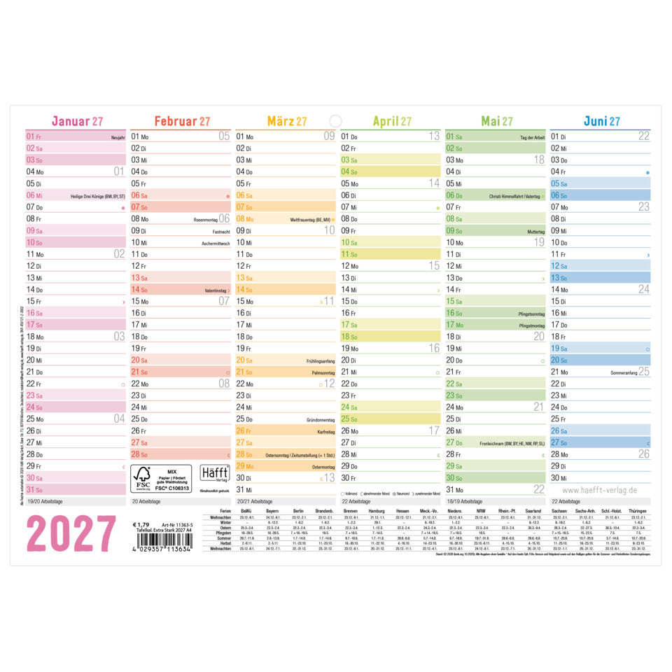 Tafelkalender Extra-Stark Rainbow 2027, A4 quer, 580g/m², 6M/1S HÄFFT 11363-5 HÄFFT 11363-5 Karton 580g/m²