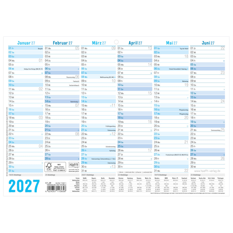 Tafelkalender Classic 2027, A4 quer, 400g/m², 6M/1S, blau HÄFFT 11365-1