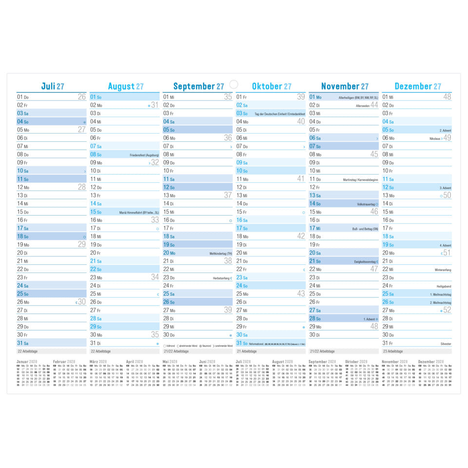 Tafelkalender Classic 2027, A4 quer, 400g/m², 6M/1S, blau HÄFFT 11365-1