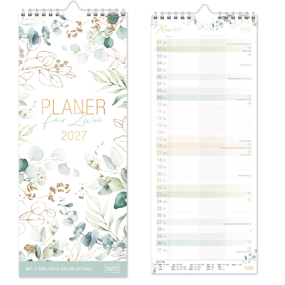 Wandkalender Planer für Zwei 2027, 13 x 32 cm, 140g/m², 1M/1S, 3 Spalten HÄFFT 11370-8 HÄFFT 11370-8 3Spalten 13x32cm