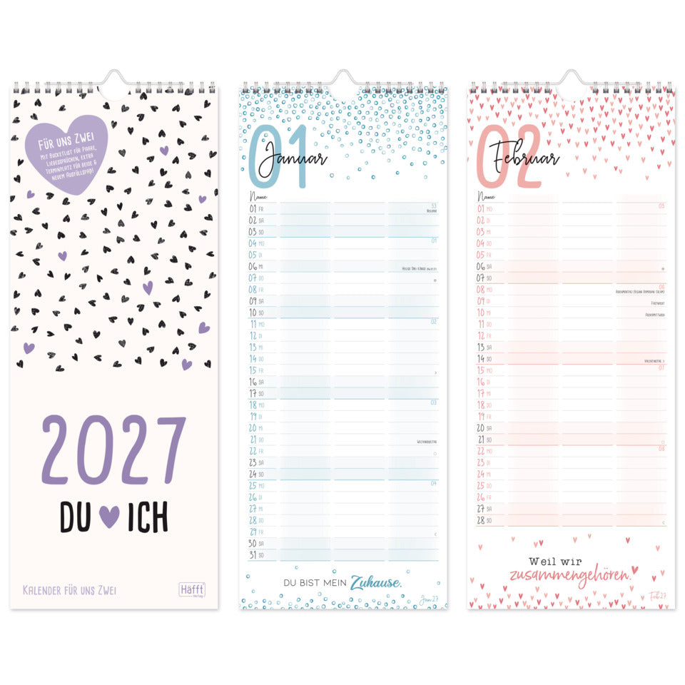 Wandkalender Du+Ich 2027, 16,5 x 42 cm, 140g/m², 1M/1S, 3 Spalten HÄFFT 11388-9 HÄFFT 11388-9 3 Spalten f. Liebespaare
