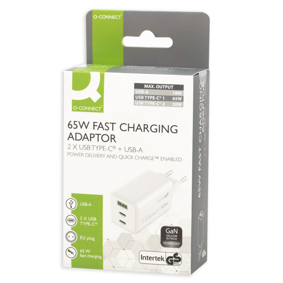 GaN-Ladegerät 65W, 1 x USB-A und 2x USB-C, weiß Q-CONNECT KF17042