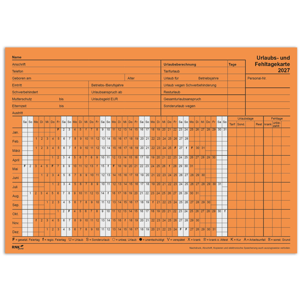 Urlaubs- und Fehltagekarte 2027 mit tabellarischer Darstellung, A5 quer, Karteikarton RNK 2901/27 RNK 2901/27, A5