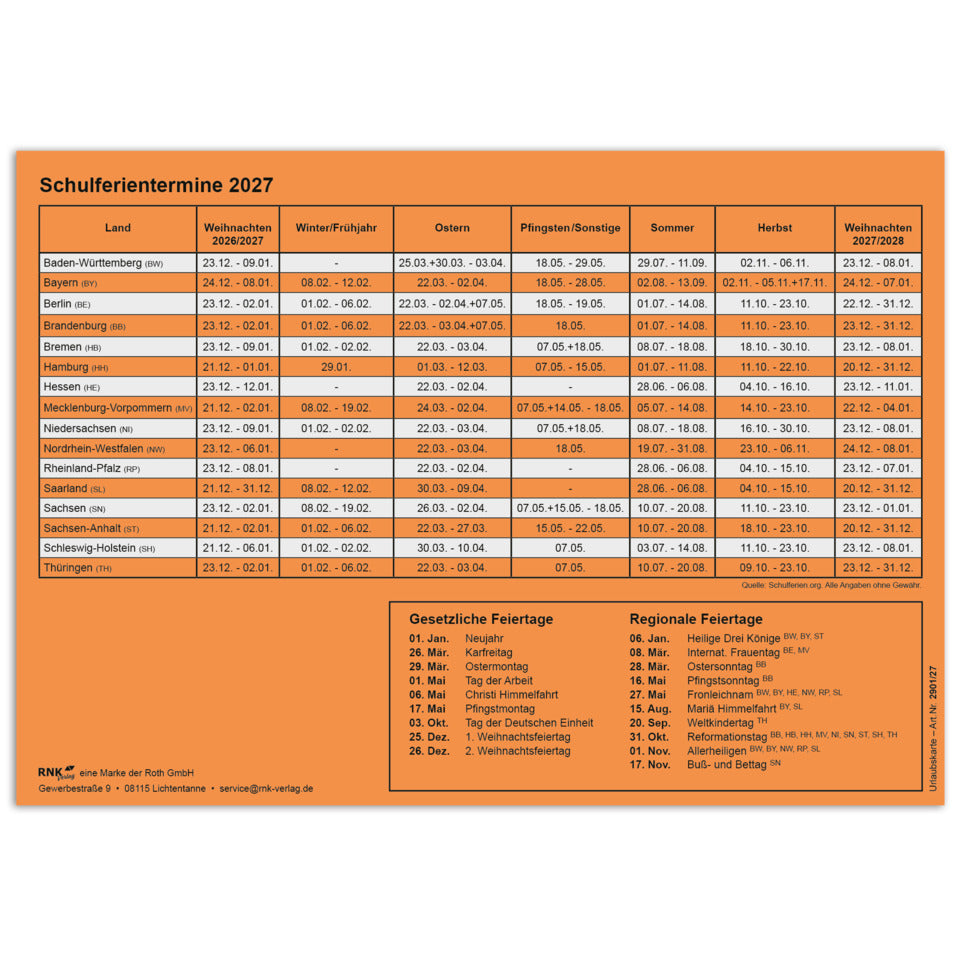 Urlaubs- und Fehltagekarte 2027 mit tabellarischer Darstellung, A5 quer, Karteikarton RNK 2901/27 RNK 2901/27, A5