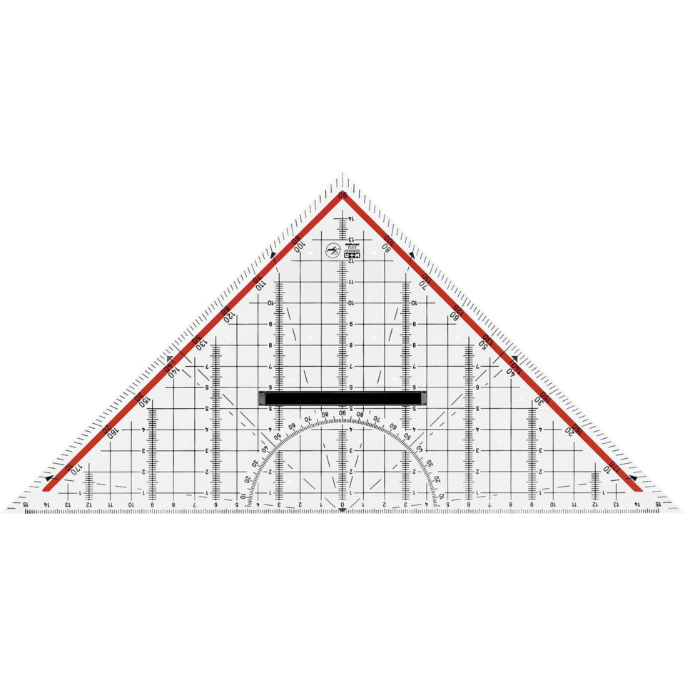 Zeichendreieck, 32 cm, glasklar, Skala rot hinterlegt, 180° - 1°, 45°-Linie, markierte Winkel 7°, 42°, 75° M+R 723320100