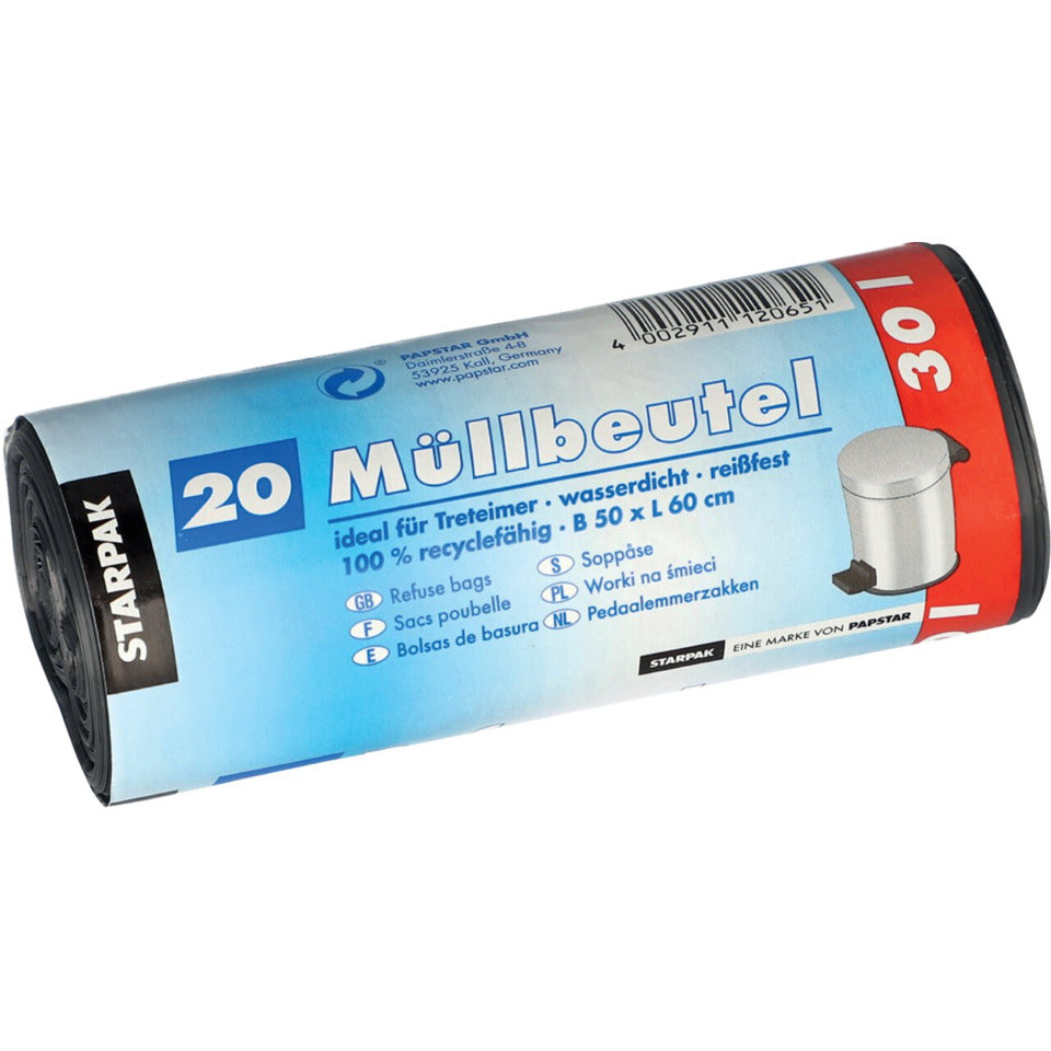 Abfallbeutel, 30 Liter, 17 my, grau, LDPE-Folie (virgin), 500 x 600 mm, 1 Rolle à 20 Beutel PAPSTAR 12065 PAPSTAR 12065 1 Rolle à  20 Beutel