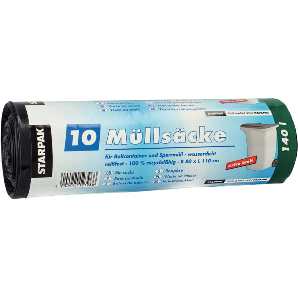 Abfallsäcke, 140 Liter, 40 my, schwarz, LDPE-Folie (recycled), 800 x 1100 mm, 1 Rolle à 10 Säcke PAPSTAR 12396 PAPSTAR 12396 1 Rolle à 10 Säcke
