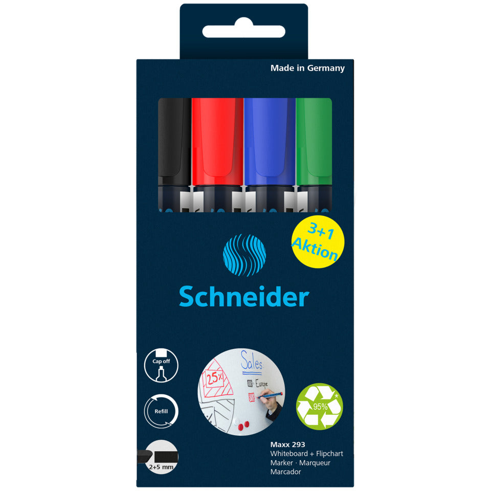 Board-Marker Maxx 293, nachfüllbar, 2+5 mm, sortiert, 4er Karton-Etui SCHNEIDER 50-129384