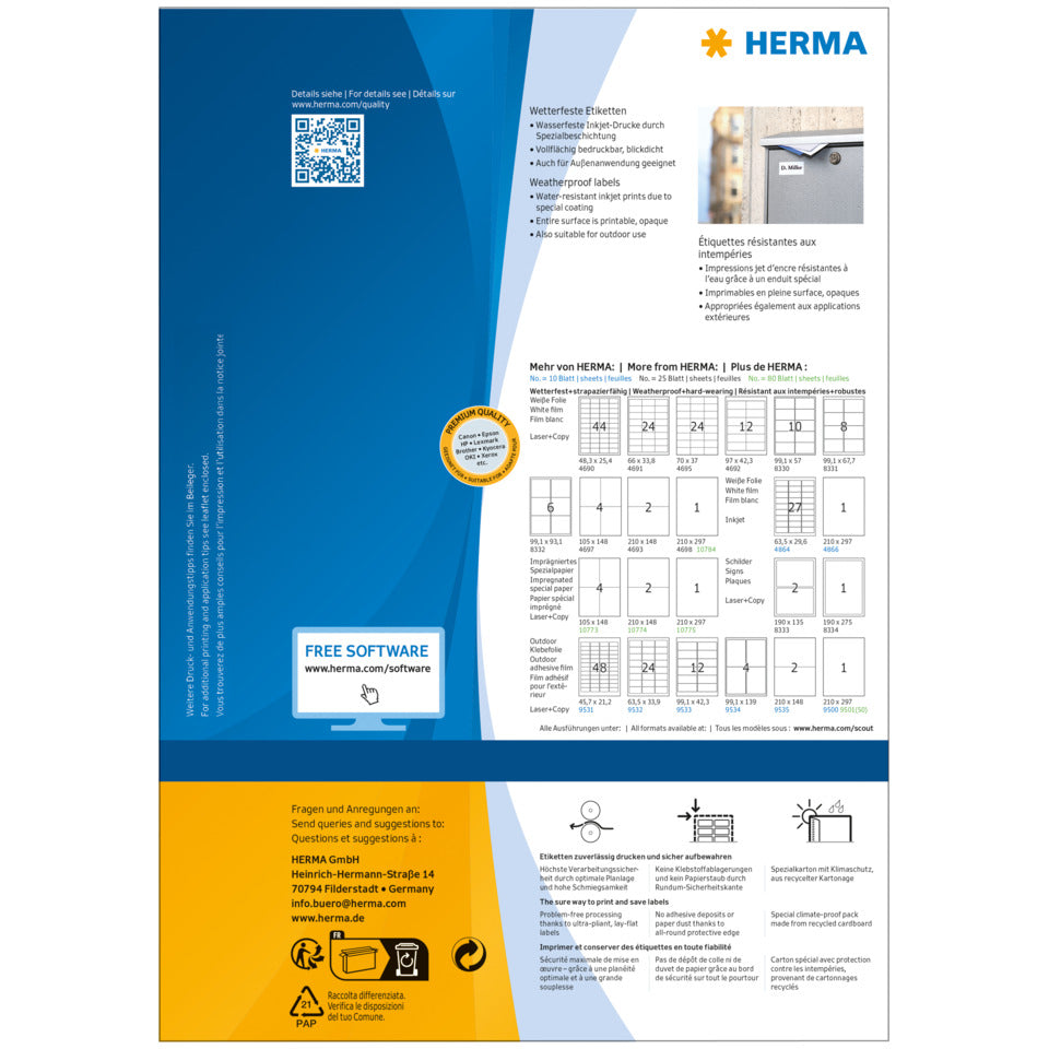 Wetterfeste Inkjet-Etiketten A4, 63,5 x 29,6 mm, weiß, permanent haftend HERMA 4594 HERMA 4594 wetterfest