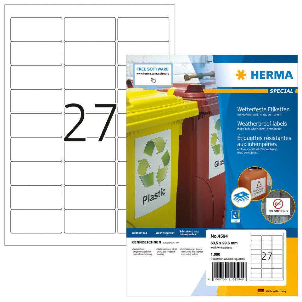 Wetterfeste Inkjet-Etiketten A4, 63,5 x 29,6 mm, weiß, permanent haftend HERMA 4594 HERMA 4594 wetterfest