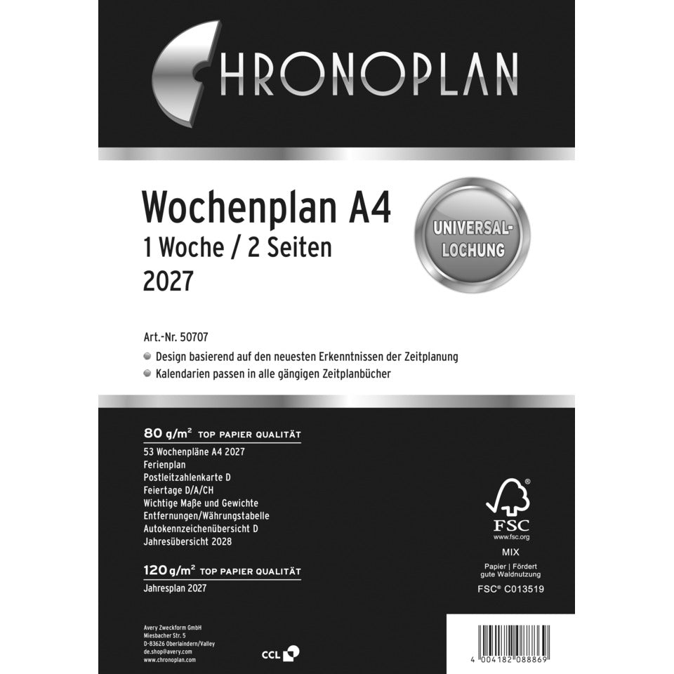 Ersatzkalendarium Wochenplan 2027, A4, 80g/m², 1W/2S, weiß CHRONOPLAN 50707
