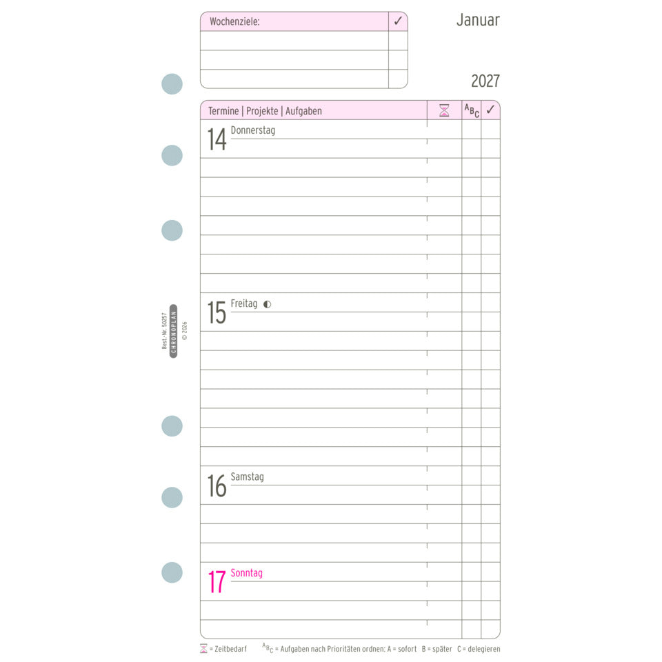 Ersatzkalendarium Wochenplan Midi 2027, 96 x 172 mm, 80g/m², 1W/2S, weiß CHRONOPLAN 50257