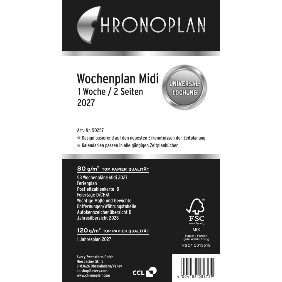 Ersatzkalendarium Wochenplan Midi 2027, 96 x 172 mm, 80g/m², 1W/2S, weiß CHRONOPLAN 50257