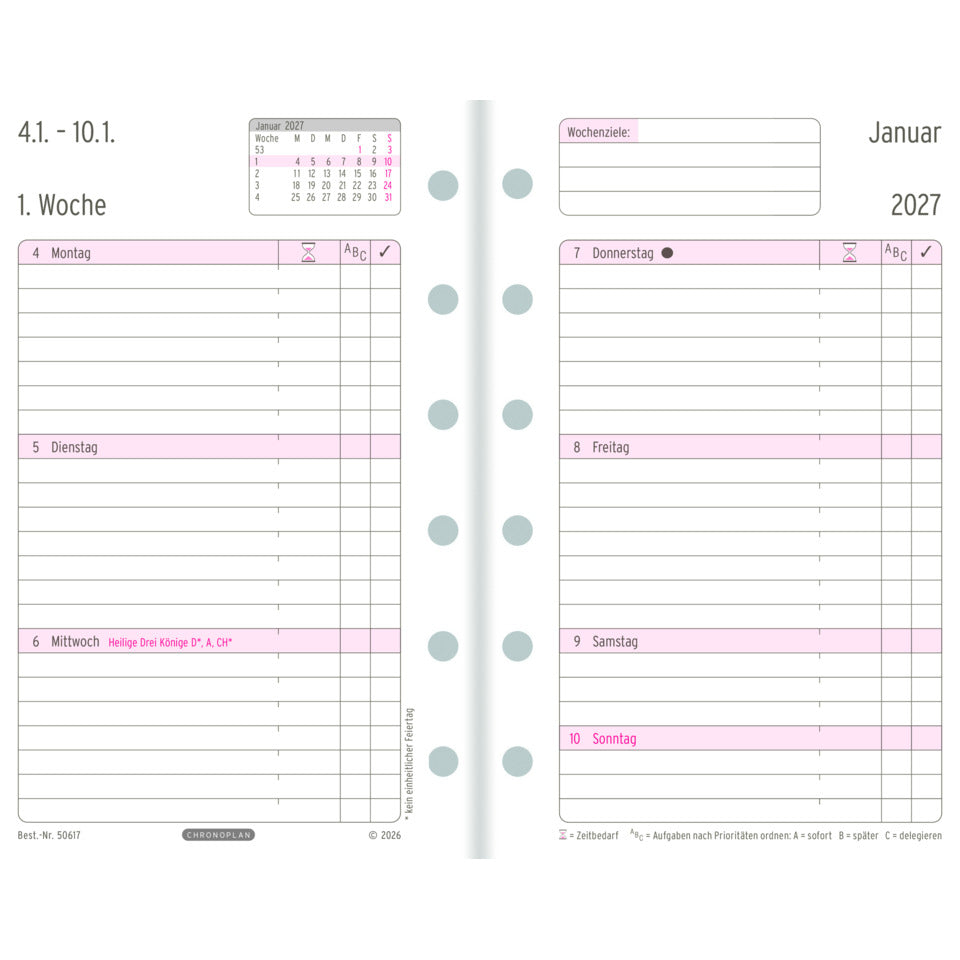 Ersatzkalendarium Wochenplan Midi 2027, 79 x 125 mm, 80g/m², 1W/2S, weiß CHRONOPLAN 50617