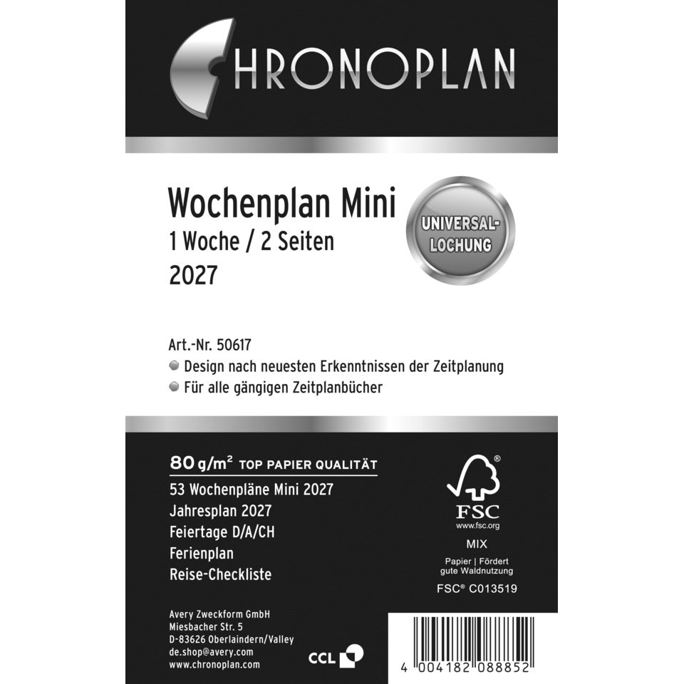 Ersatzkalendarium Wochenplan Midi 2027, 79 x 125 mm, 80g/m², 1W/2S, weiß CHRONOPLAN 50617