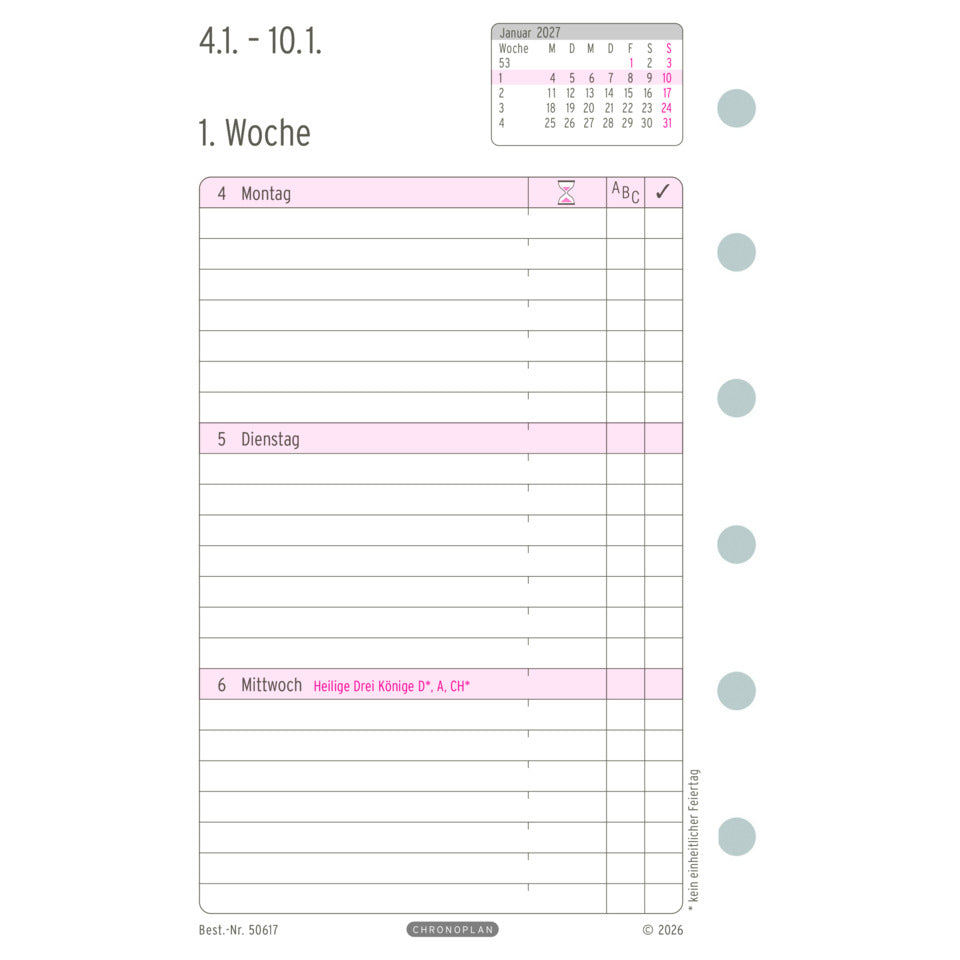 Ersatzkalendarium Wochenplan Midi 2027, 79 x 125 mm, 80g/m², 1W/2S, weiß CHRONOPLAN 50617