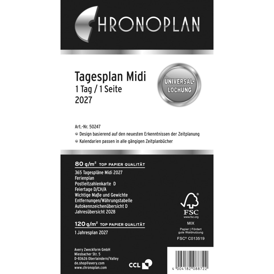 Ersatzkalendarium Tagesplan Midi 2027, 96 x 172 mm, 80g/m², 1T/1S, weiß CHRONOPLAN 50247