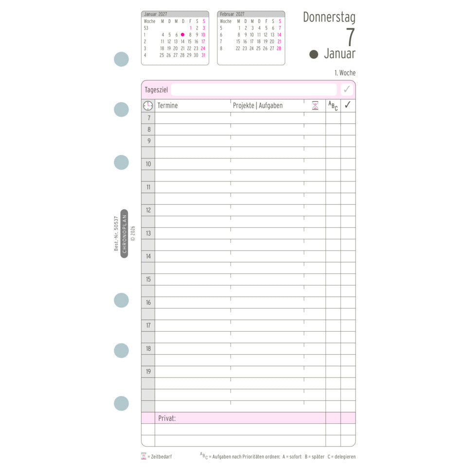 Ersatzkalendarium Jahres-Set Midi 2027, 96 x 172 mm, 80g/m², 1T/2S, weiß CHRONOPLAN 50537