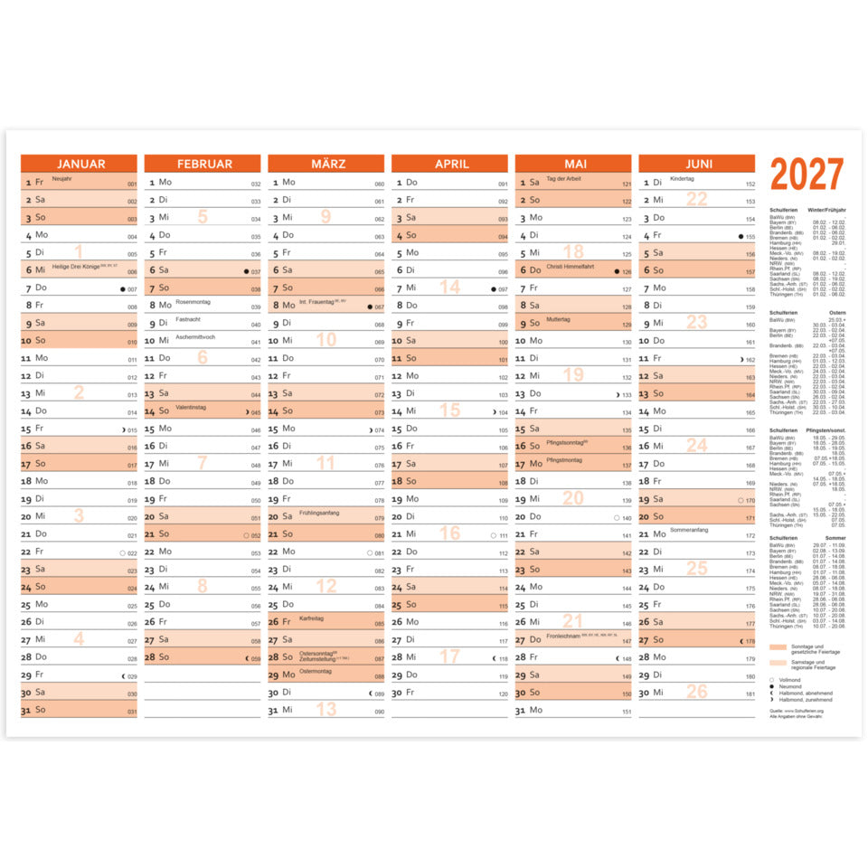 Wandkalender 2027, A5 quer, 250g/m², 6M/1S RNK 2911/27