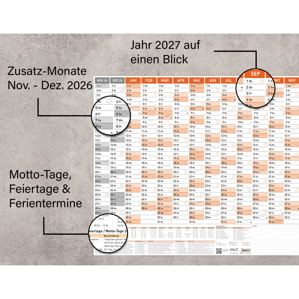 Wandkalender 2027, A1 quer, 120g/m², 16M/1S RNK 2917/27