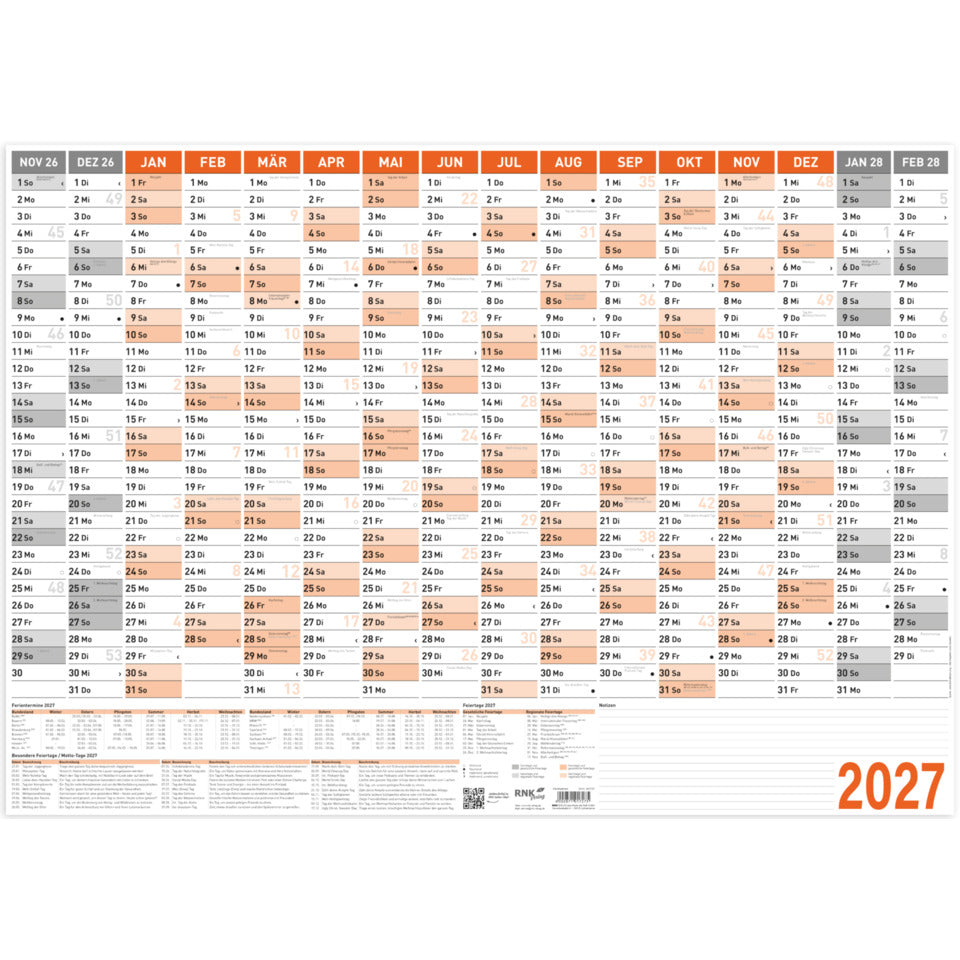 Wandkalender 2027, A1 quer, 120g/m², 16M/1S RNK 2917/27