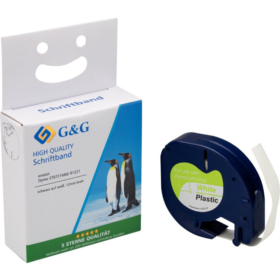 Schriftbandkassette, kompatibel zu Dymo 91221/S0721660, 12 mm breit / 4 m lang, schwarz auf weiß, Kunststoff G&G 14972