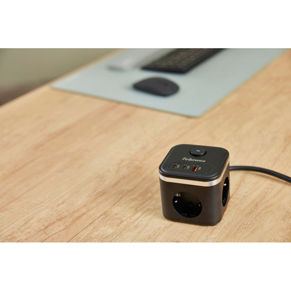 Steckdosenleiste Power Cube, 3-fach, 1 x USB-A, 2 x USB-C, schwarz FELLOWES 100137167