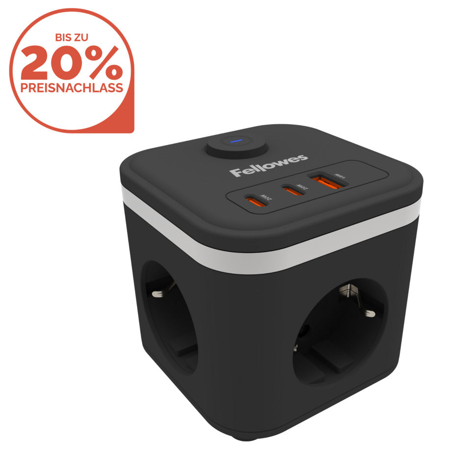 Steckdosenleiste Power Cube, 3-fach, 1 x USB-A, 2 x USB-C, schwarz FELLOWES 100137167