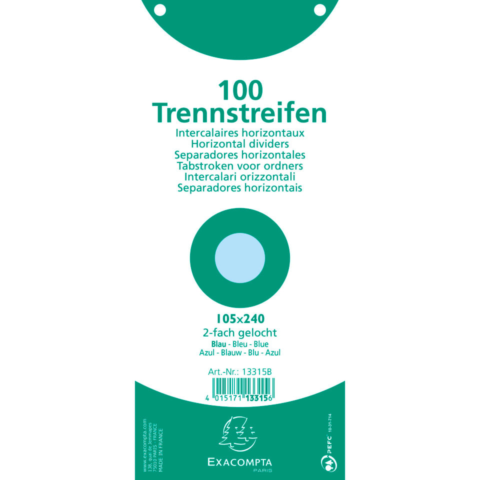 Trennstreifen Premium Qualität, 105 x 240 mm, 190g/q², gelocht, 100 Stück, blau EXACOMPTA 13315B EXACOMPTA 13315B 105x240mm