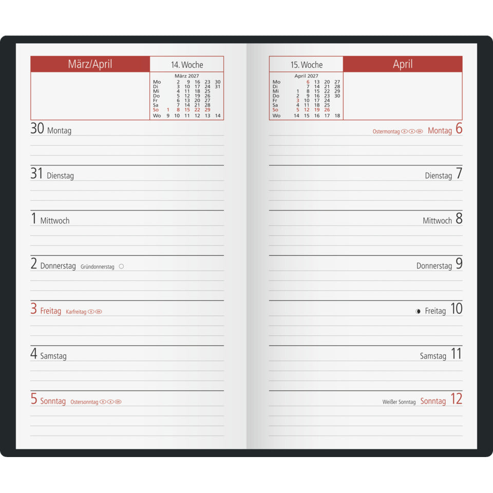 Taschenkalender TM 15 2027, A6, 1W/1S, Kunststoff, schwarz RIDO 7012122907 RIDO 70-12 122 907 87x153mm 2027
