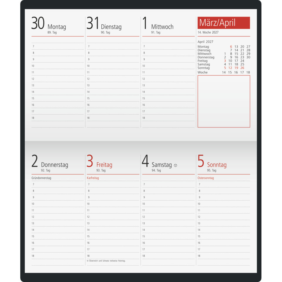 Taschenkalender TM 17/contacter 2027, A6 quer, 1W/2S, Kunststoff, schwarz RIDO 7012212907 RIDO 70-12 212 907 87x153mm 2027