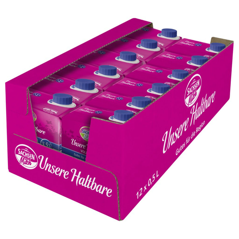 H-Vollmilch 3,5 % Fett, 0,5 Liter, ultrahocherhitzt, homogenesiert, ohne Gentechnik, Bleibt-dran-Verschluss, 12 Stück SACHSEN MILCH 50837