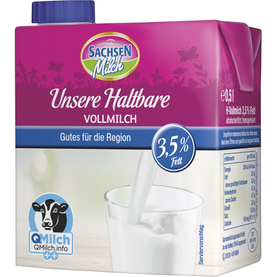 H-Vollmilch 3,5 % Fett, 0,5 Liter, ultrahocherhitzt, homogenesiert, ohne Gentechnik, Bleibt-dran-Verschluss, 12 Stück SACHSEN MILCH 50837